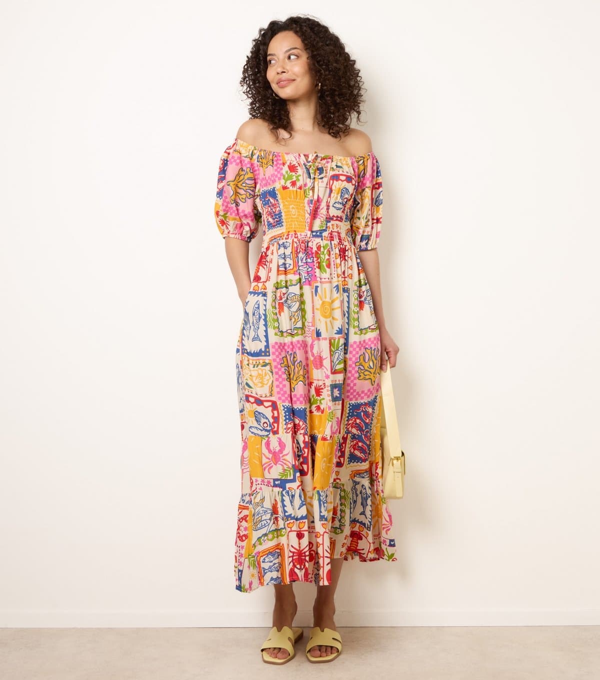 Blue Vanilla Women's Multicolour Tie Front Shirred Waist Midi Dress Blue Vanilla New Look