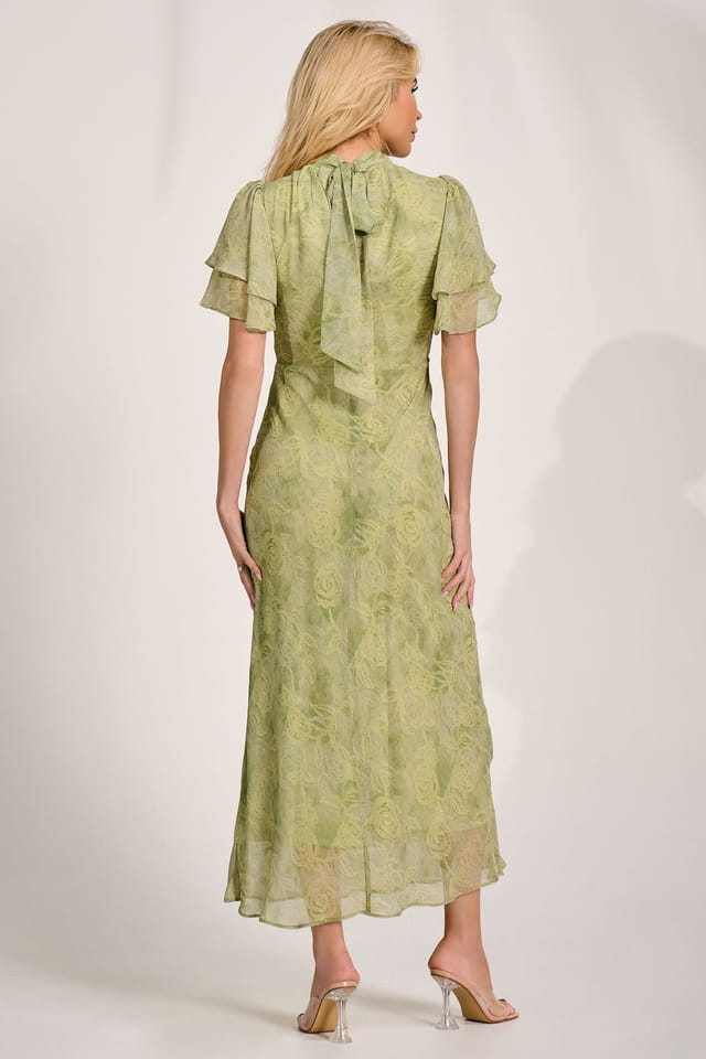 Jolie Moi Jolie Moi Women's High Neck Angel Sleeve Chiffon Maxi Dress in Green - 2