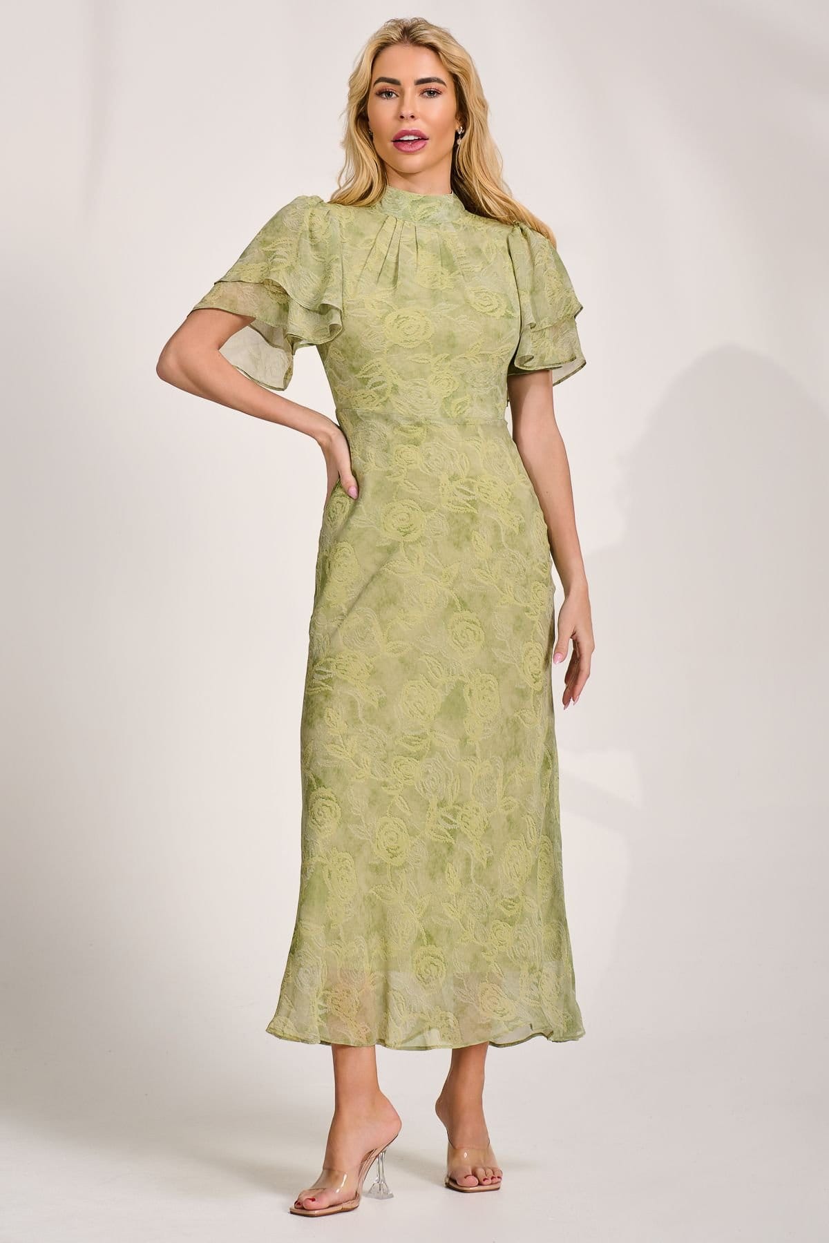 Jolie Moi Jolie Moi Women's High Neck Angel Sleeve Chiffon Maxi Dress in Green - 4