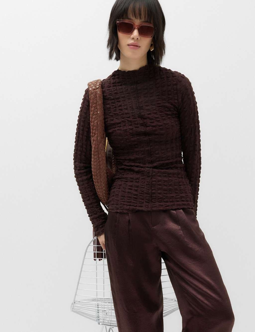 Marks & Spencer M&S Long Sleeve Funnel Neck Textured Top Aubergine