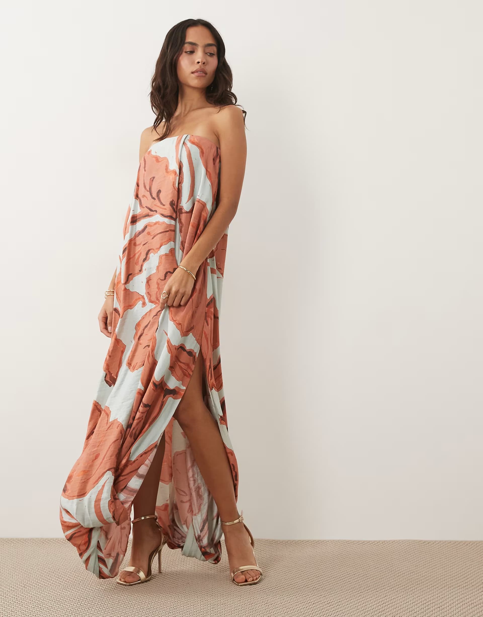 ASOS ASOS DESIGN satin bubble bandeau maxi dress in blue red abstract print