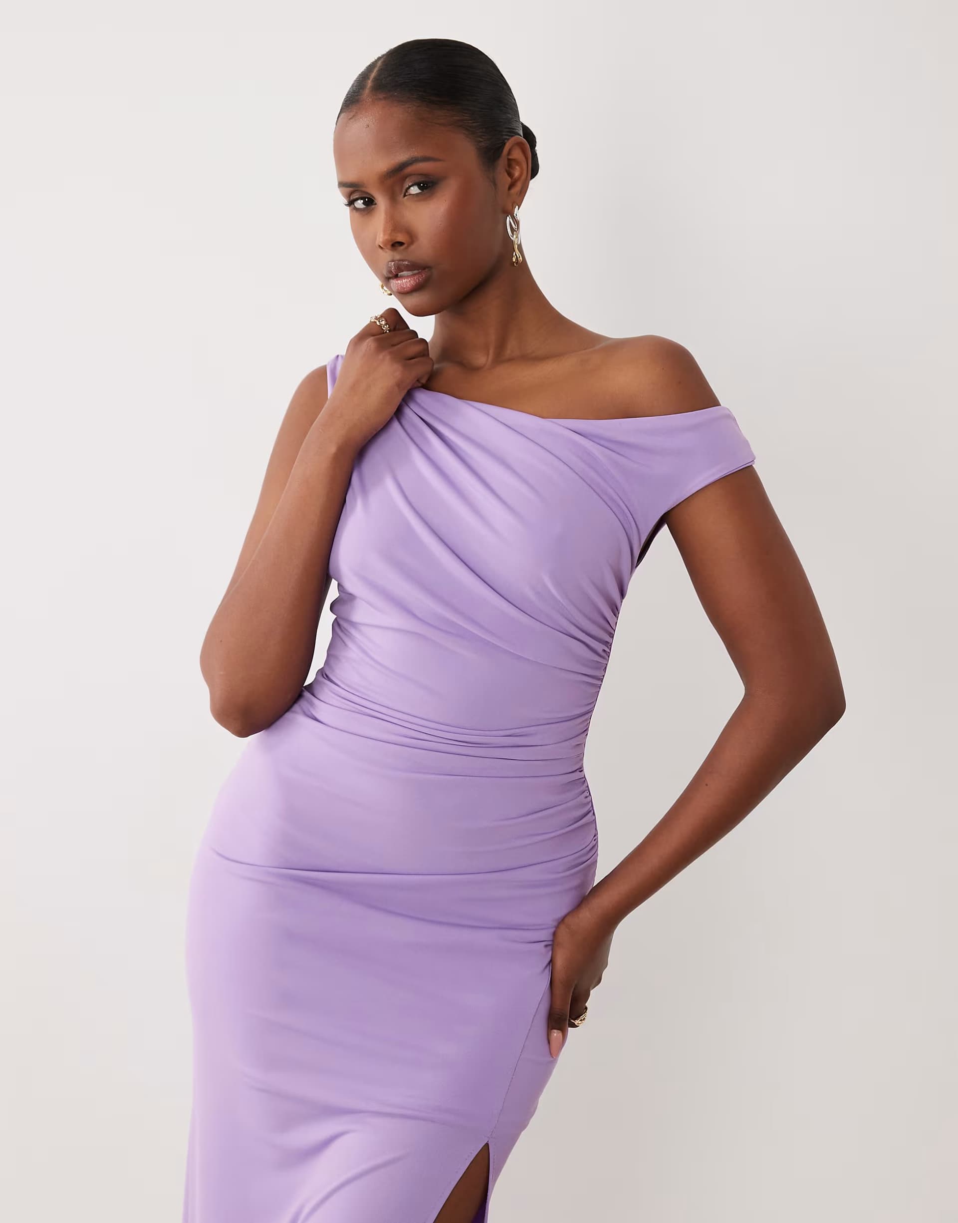 ASOS TFNC slinky fallen shoulder thigh split midaxi dress in lilac
