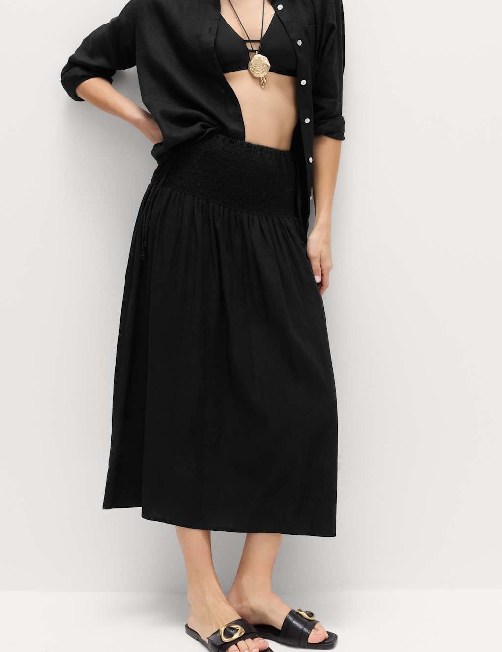 M&S Black Linen-Rich Shirred Tie Detail Maxi Skirt