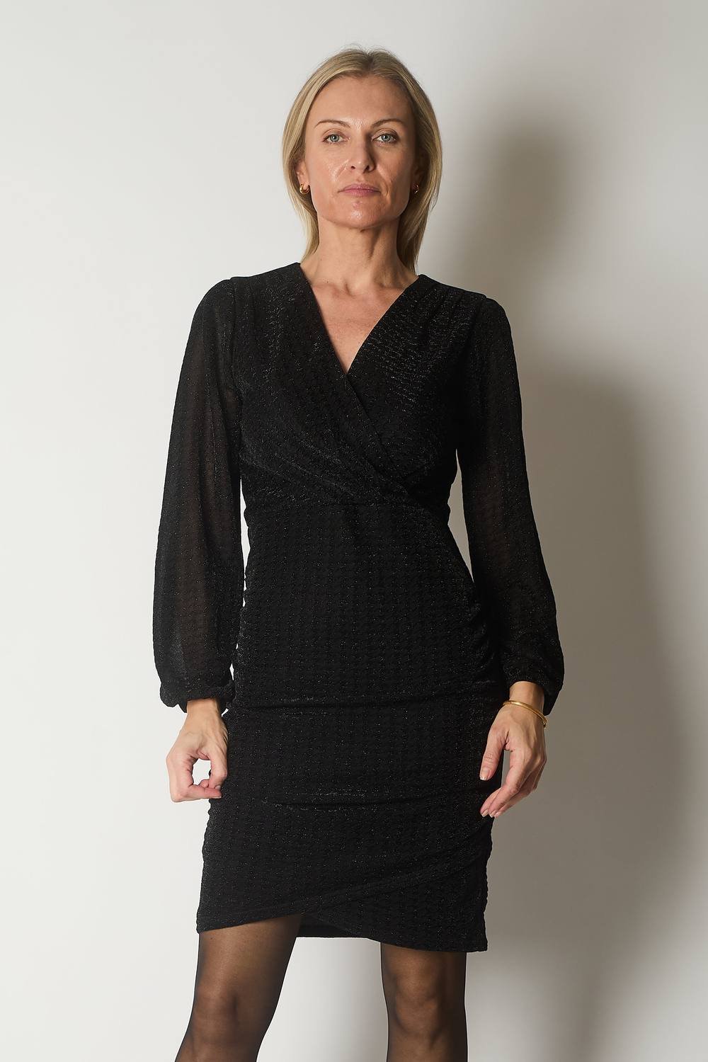 SOLO SOLO Women's Wrap Dress with Draped Detail & Subtle Sparkle in Black - 3