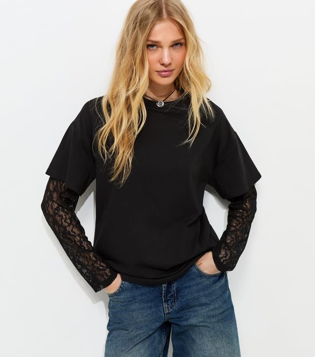 New Look Women's Black 2-In-1 Lace Long Sleeve Top New Look - 2