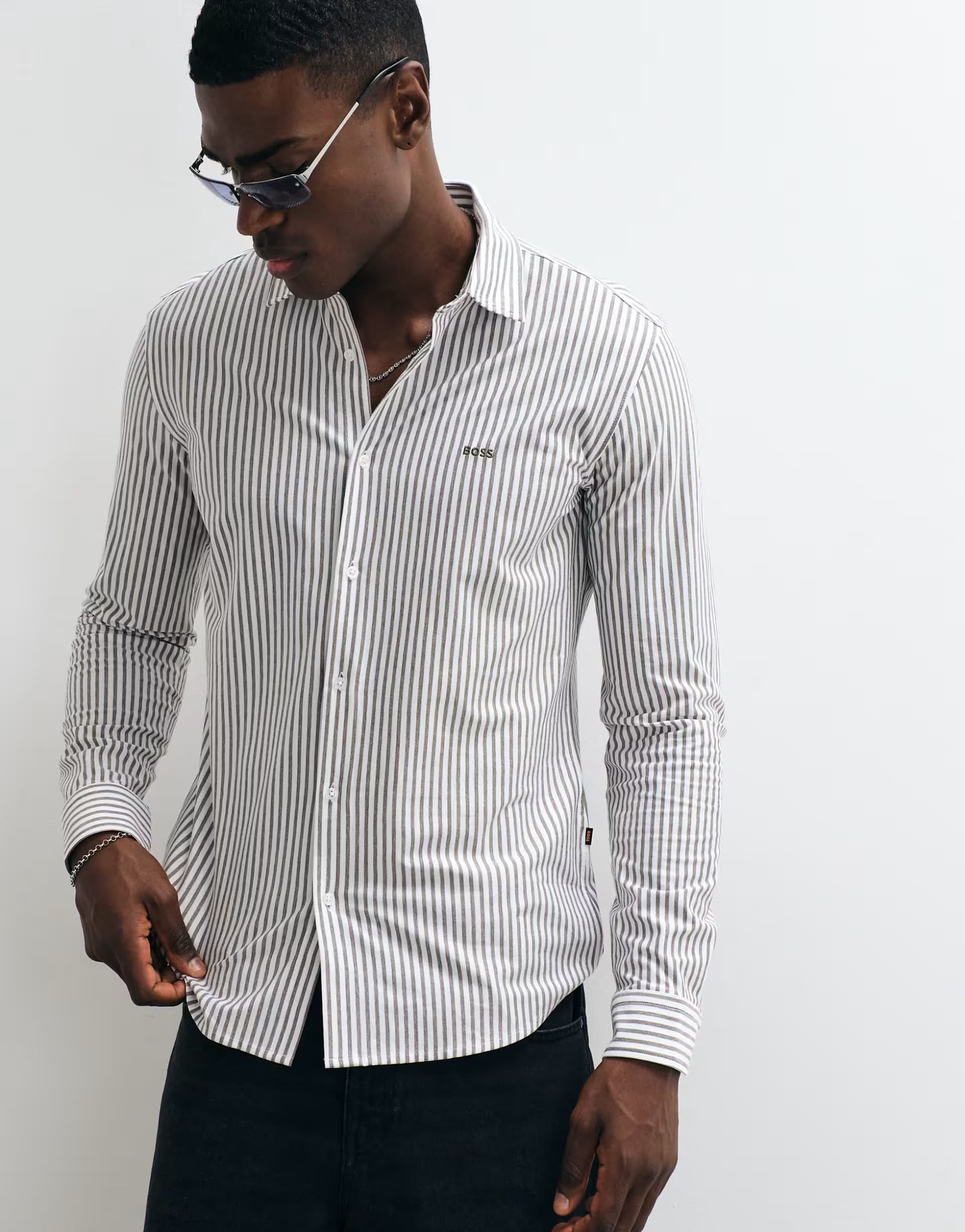ASOS Boss Orange my soft stripe slim fit shirt in green