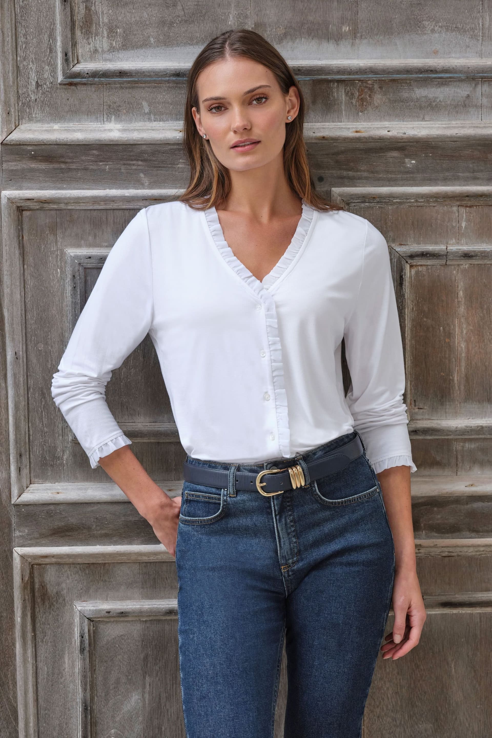 Pure Collection Pure Collection Women's V Frill Neck Button Through in White