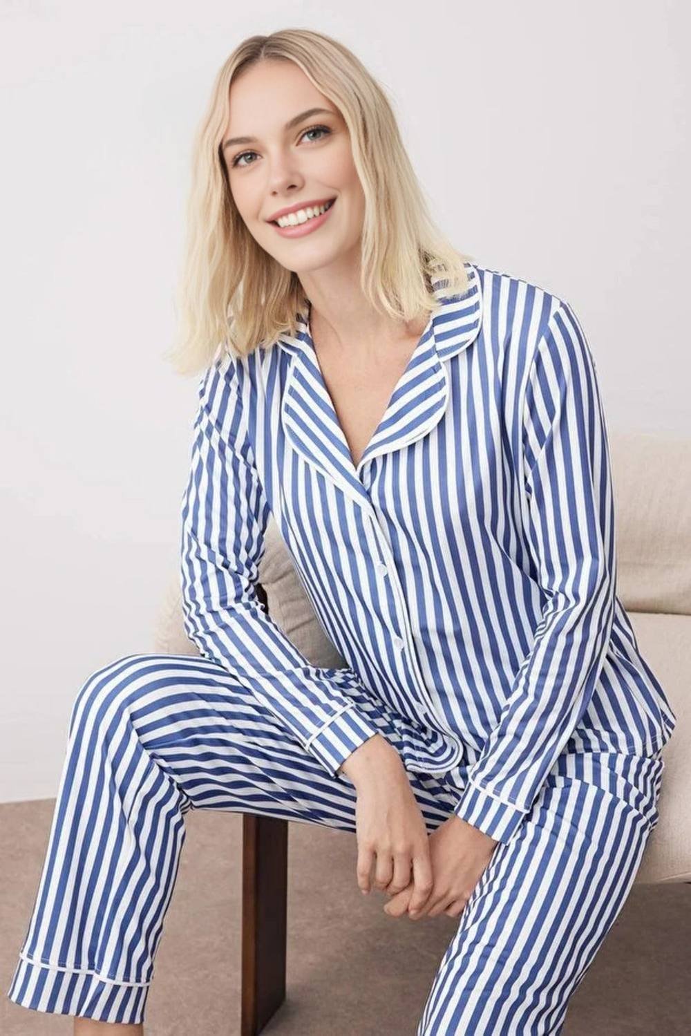 WOVCOR WOVCOR Women's 2-Piece Striped Pattern Polar Fleece Lined Shirt-Pants Knit Pajama Set in Dark Blue - 1