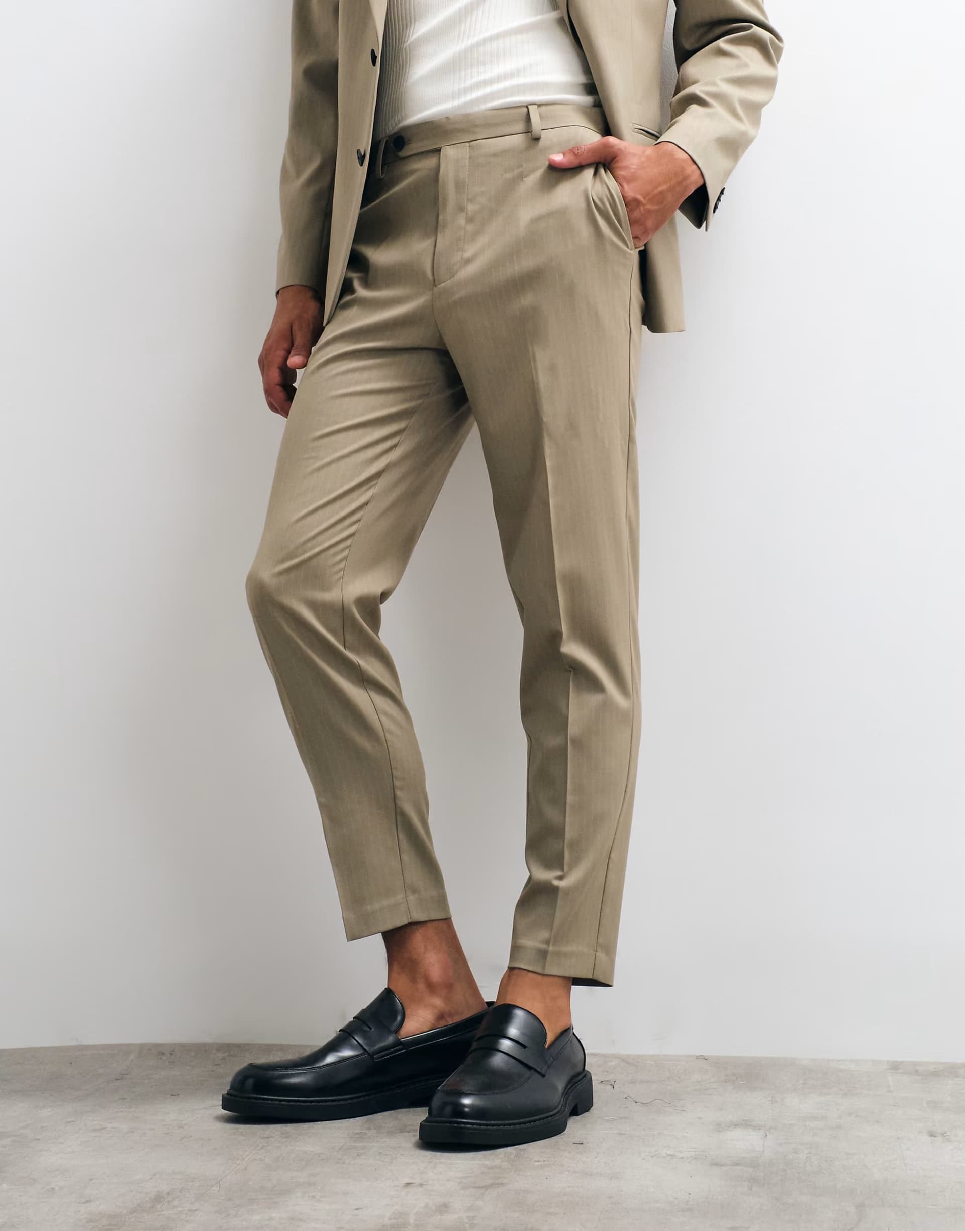 ASOS ASOS DESIGN tapered suit trousers in khaki pinstripe