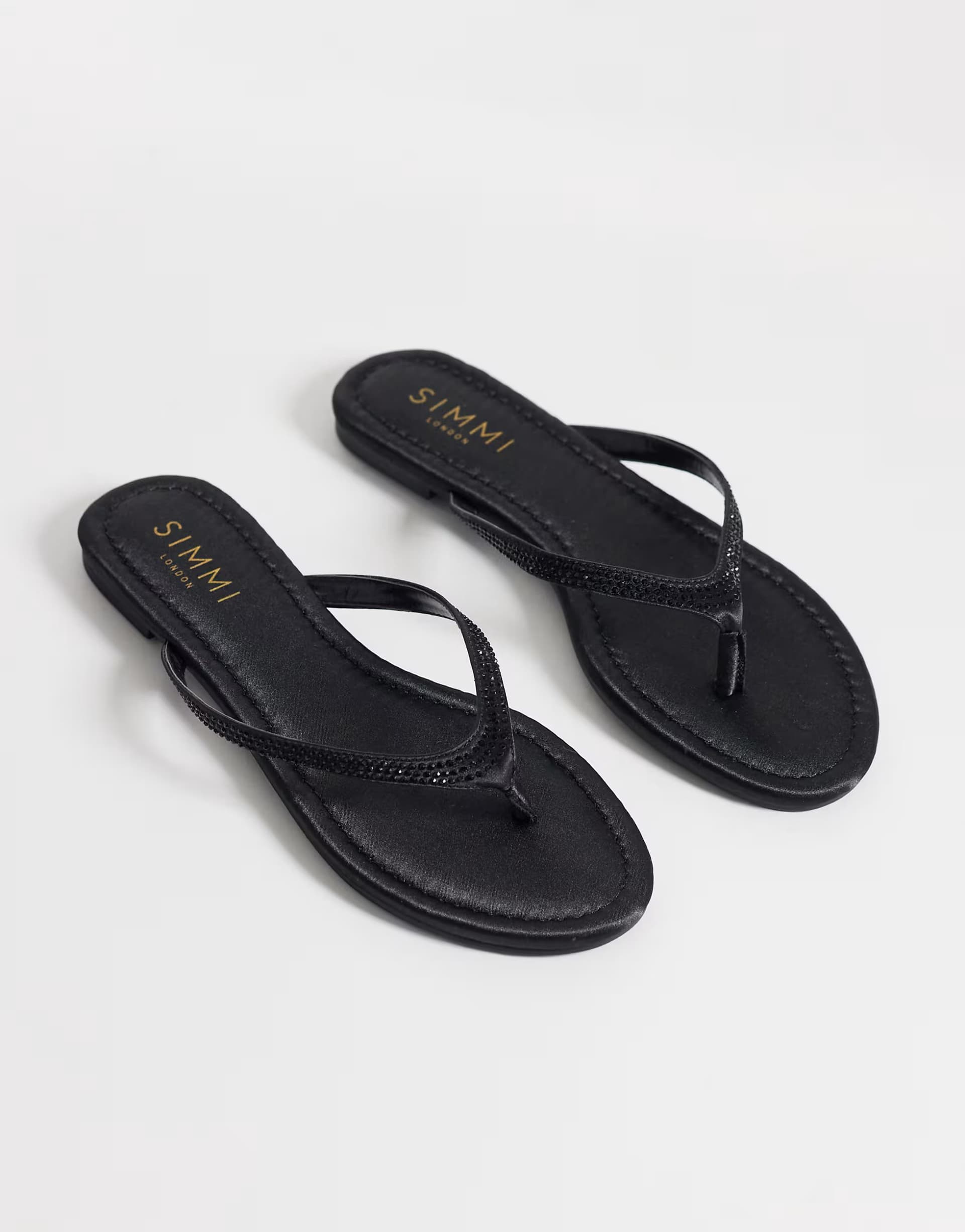 ASOS Simmi London Selene Wide Fit embellished flip flops in black satin