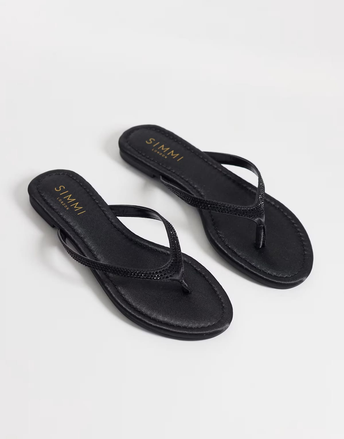 ASOS Simmi London Selene Wide Fit embellished flip flops in black satin - 1