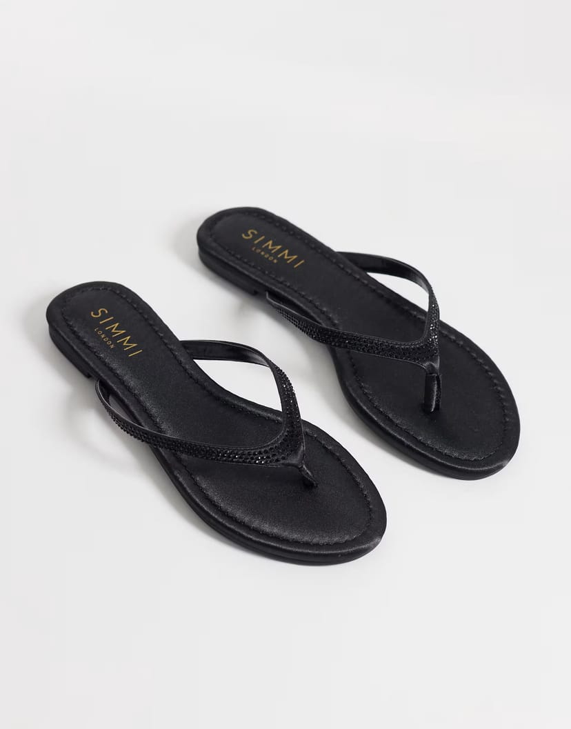 ASOS Simmi London Selene Wide Fit embellished flip flops in black satin - 1