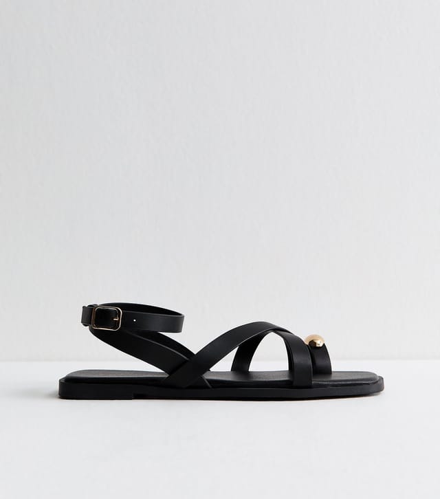New Look Women's Black Faux Leather Multi Strap Toe Ring Flat Sandals Vegan New Look - 3