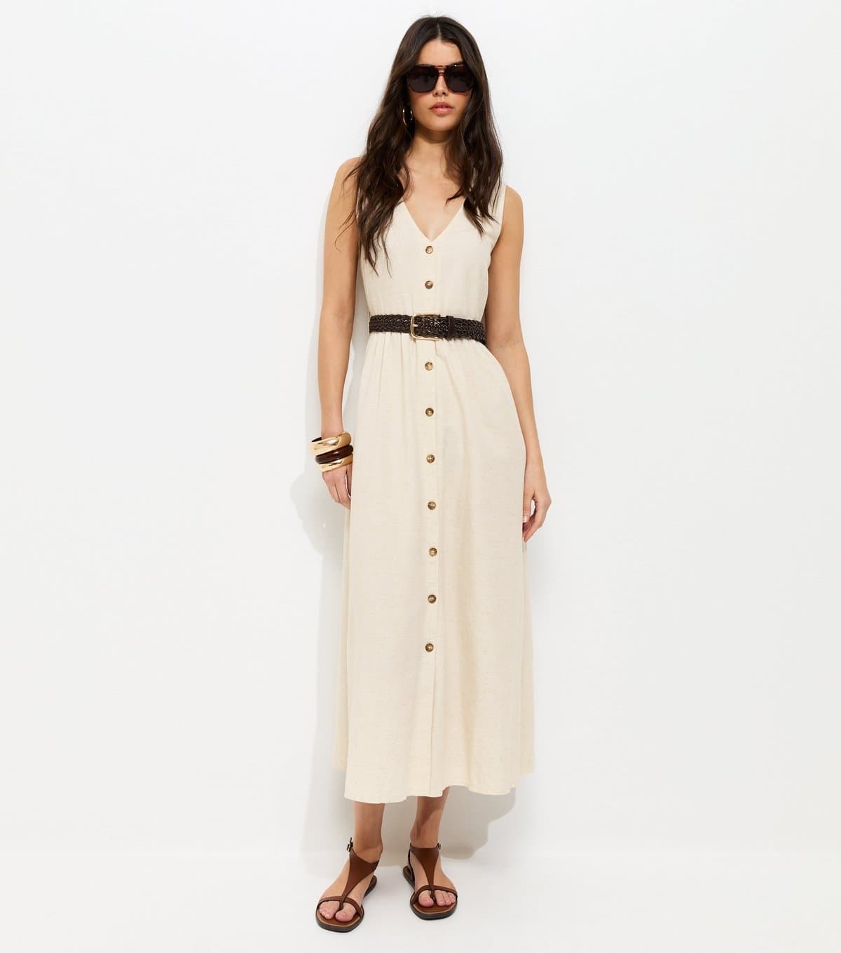 New Look Women's Stone Sleeveless Button Through Midi Dress New Look