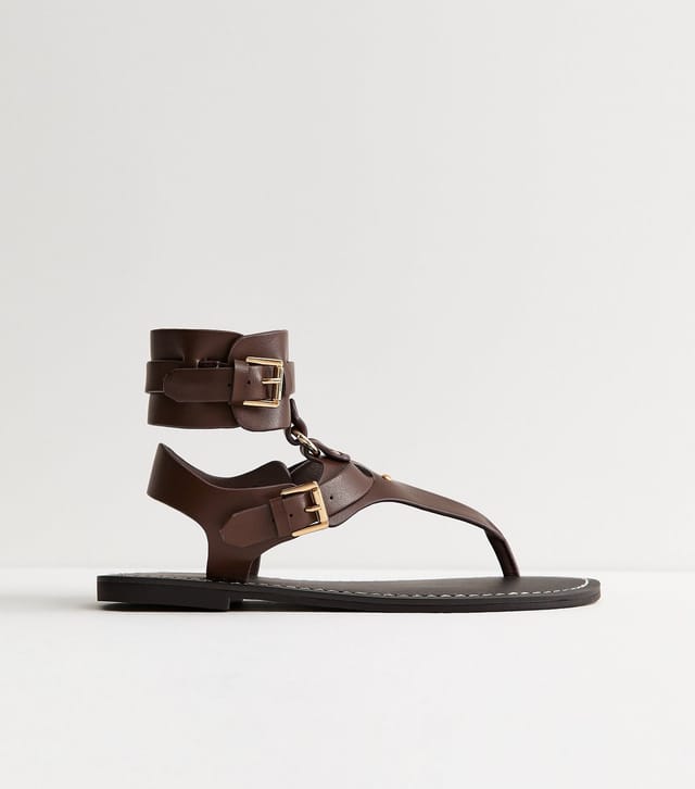 New Look Women's Brown Faux Leather Detachable Cuff Flat Sandals Vegan New Look - 2