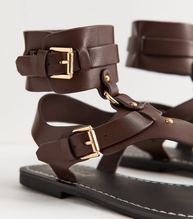 New Look Women's Brown Faux Leather Detachable Cuff Flat Sandals Vegan New Look - 3
