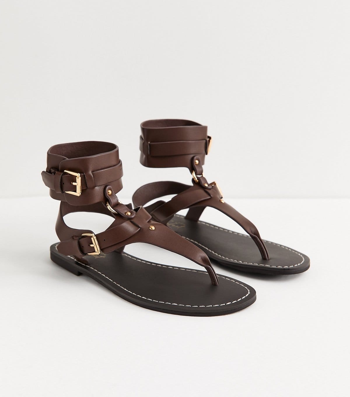 New Look Women's Brown Faux Leather Detachable Cuff Flat Sandals Vegan New Look - 4