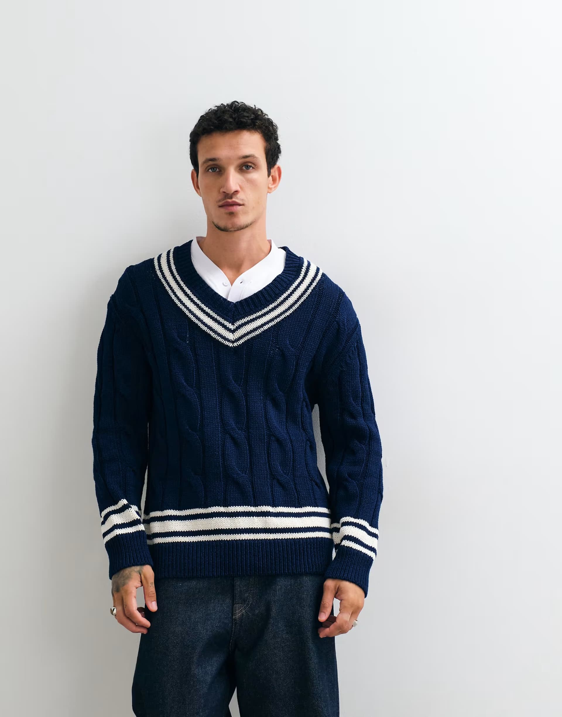 ASOS Gant mercerized cottle cable knit v-neck jumper in blue