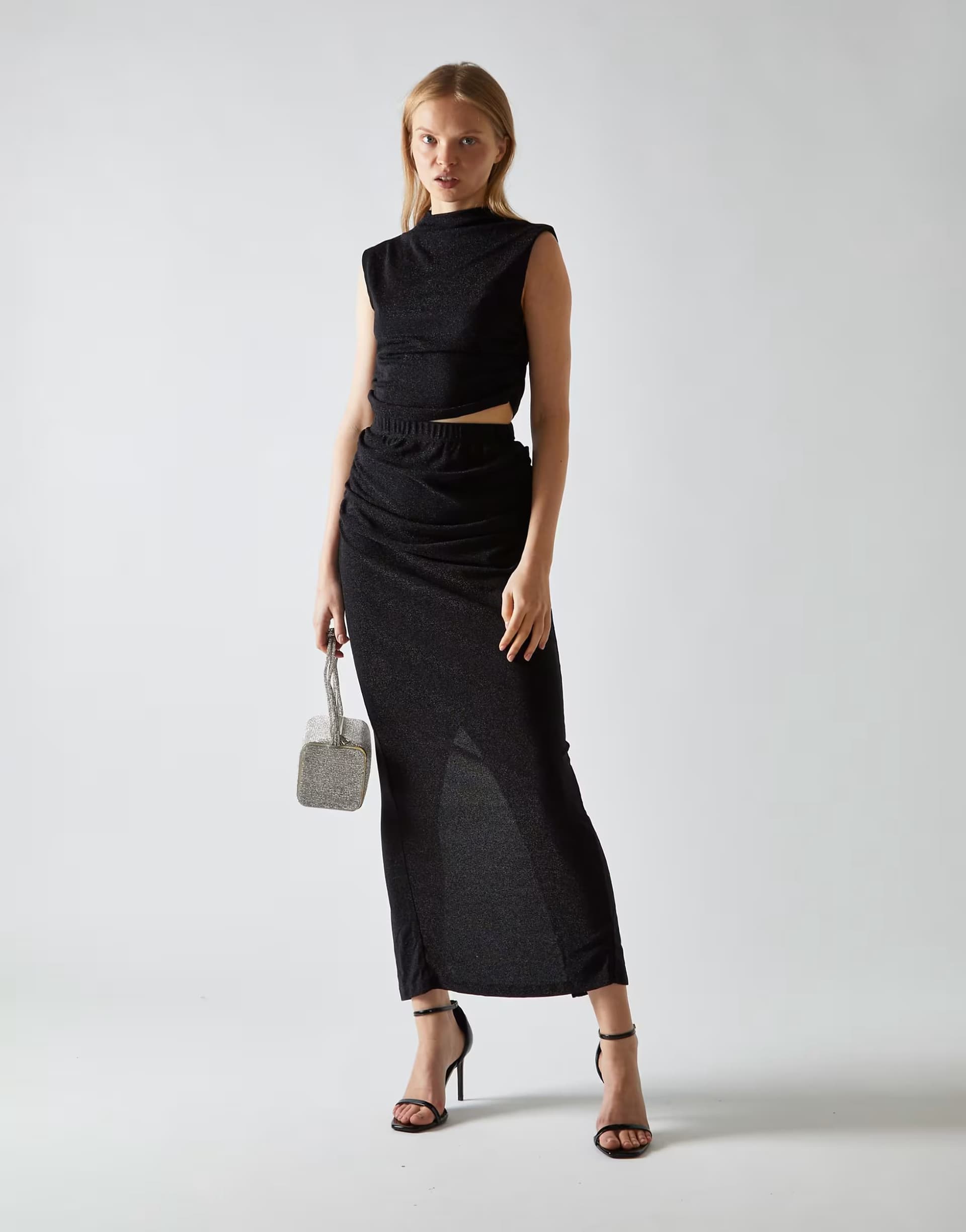 ASOS Collective The Label Ruched maxi skirt in black glitter