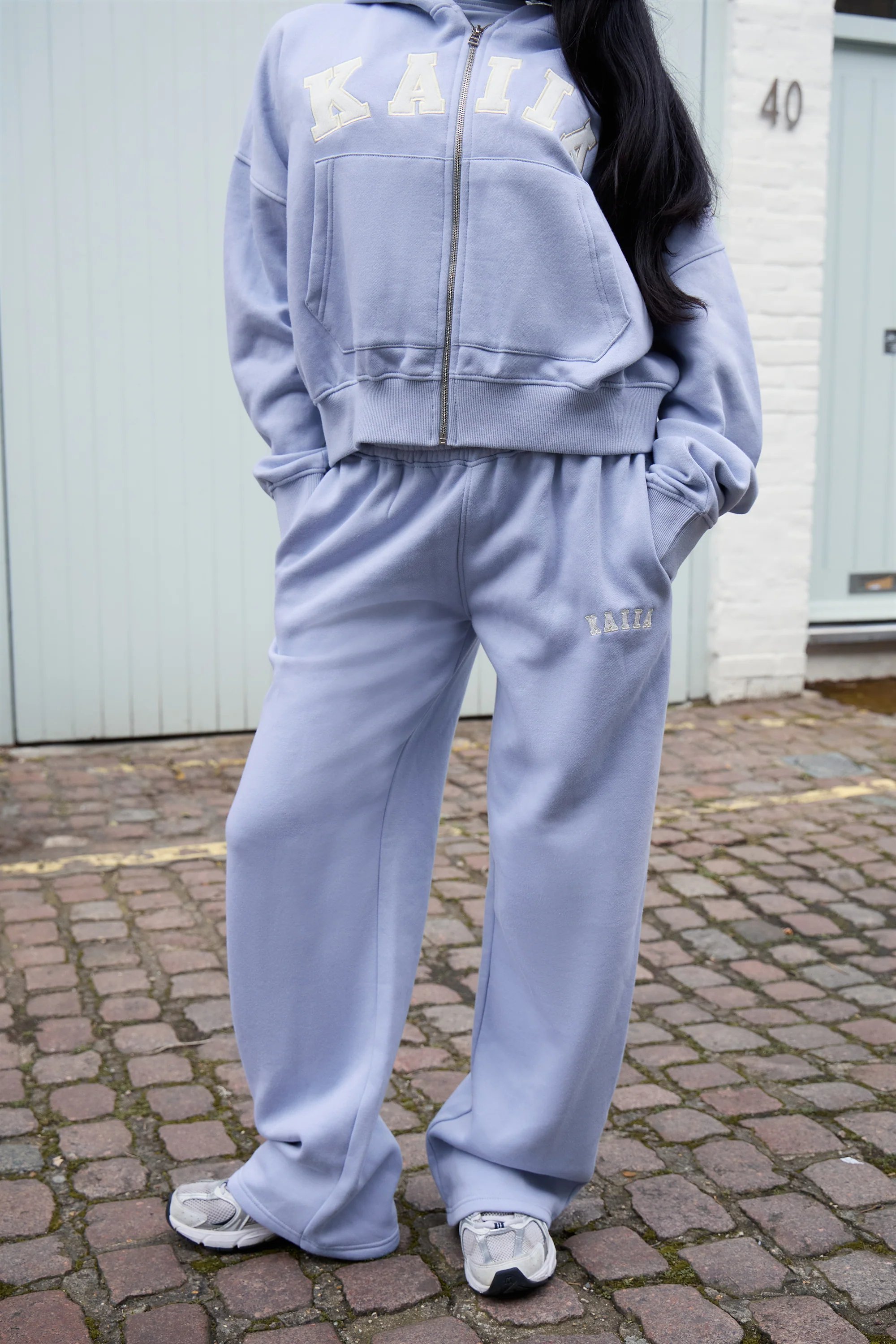 Kaiia Kaiia Slogan Wide Leg Joggers Soft Blue & White - 3