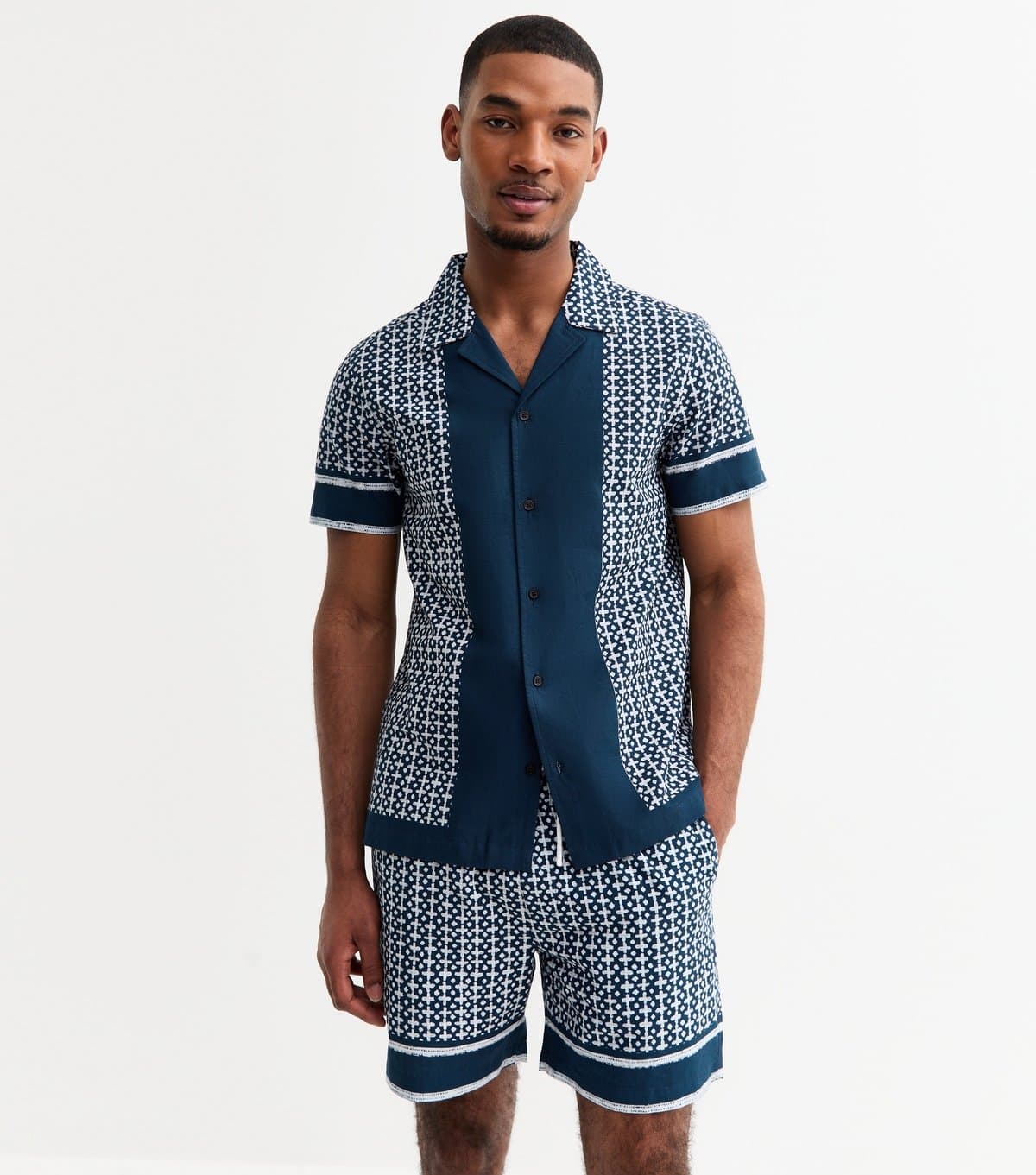 New Look Men's Blue Regular Cotton Tile Print Revere Collared Shirt New Look