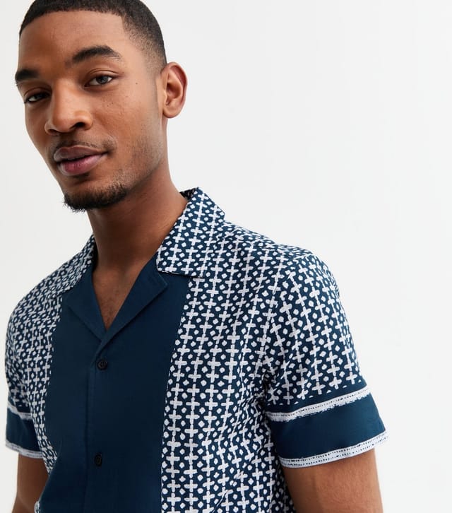 New Look Men's Blue Regular Cotton Tile Print Revere Collared Shirt New Look - 2