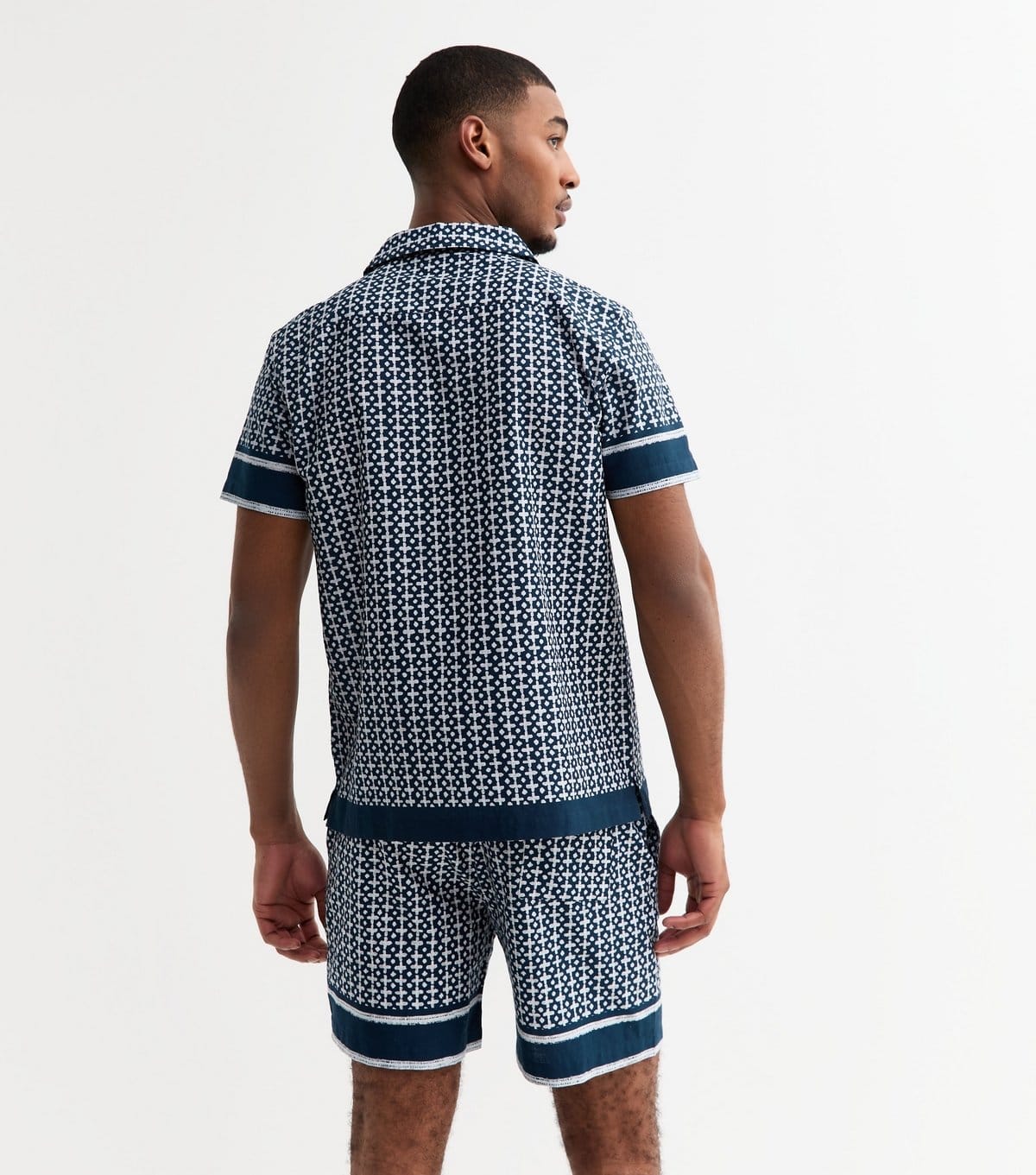 New Look Men's Blue Regular Cotton Tile Print Revere Collared Shirt New Look - 4