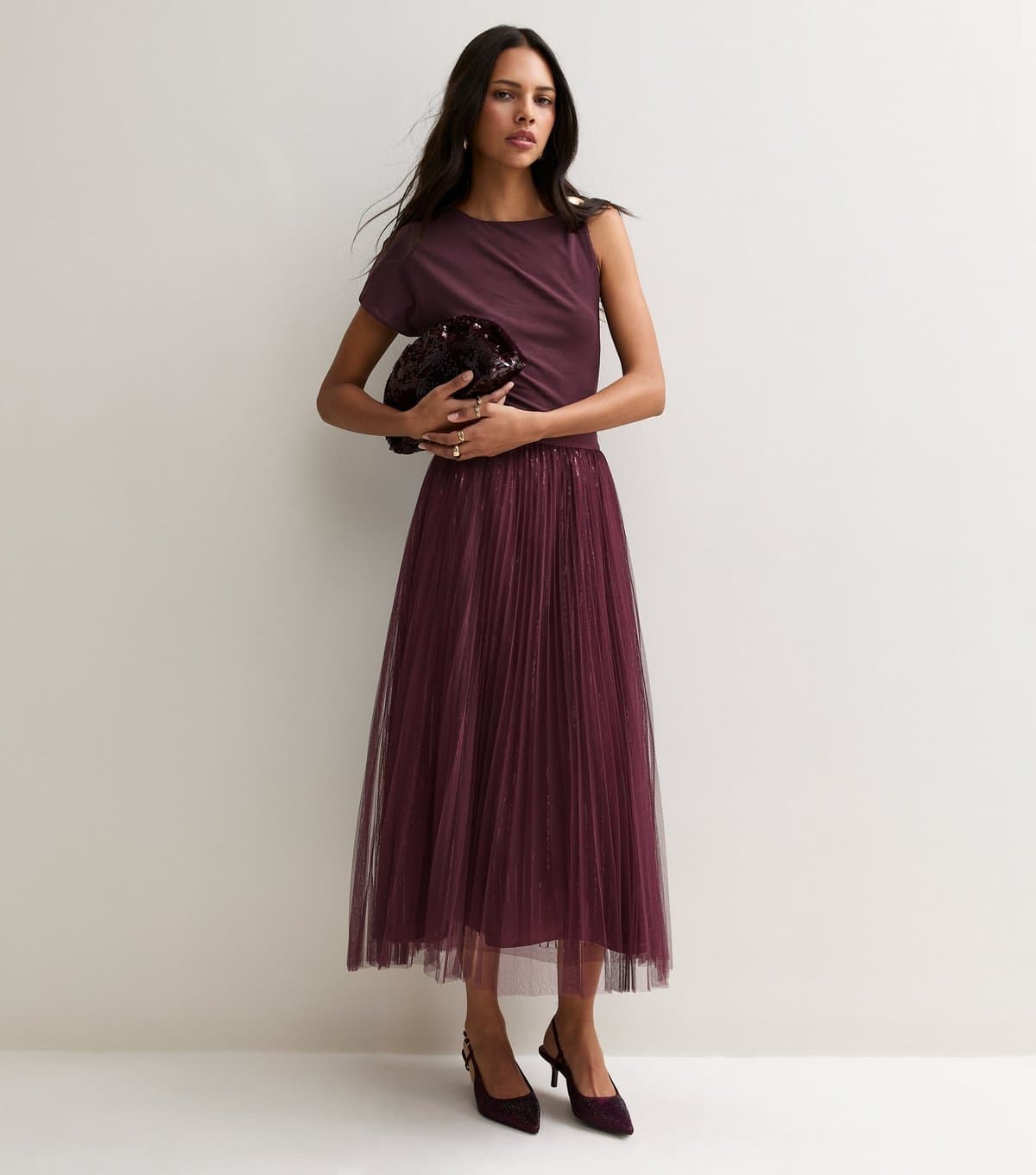 New Look Women's Burgundy Sequin Tulle Midi Skirt New Look