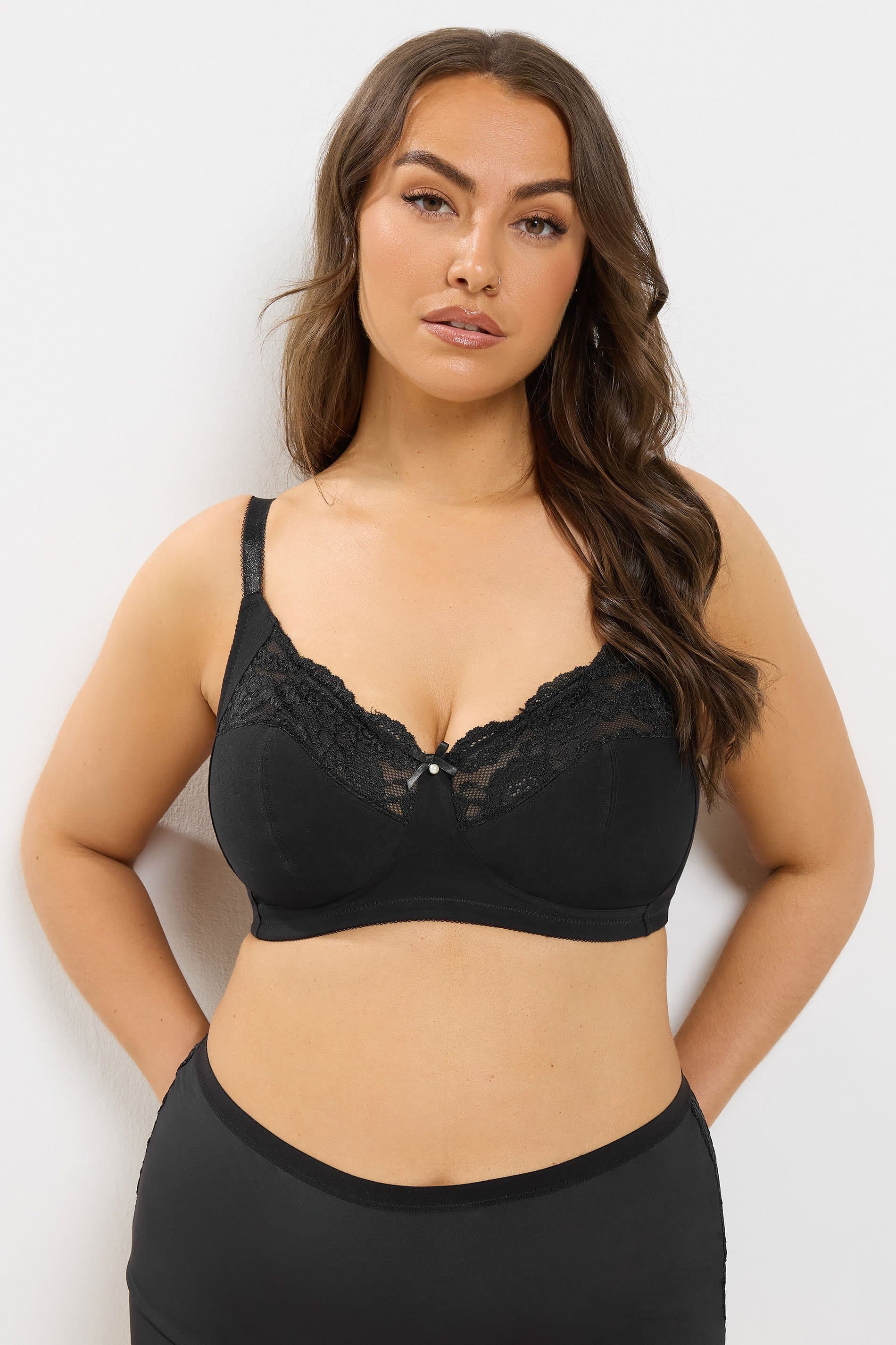 Yours Fuller Bust Lingerie Plus Size Black Cotton Lace Trim Nonpadded Nonwired Bralette
