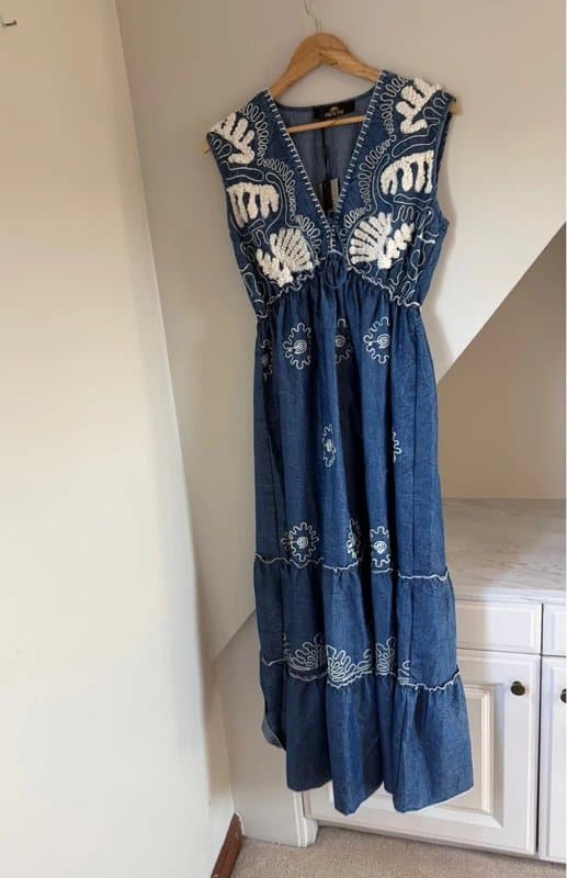Papa Pia Papa Pia Luxe Boho Navy Blue Denim White Floral Cotton Maxi Dress Kaftan One Size 8-16 New