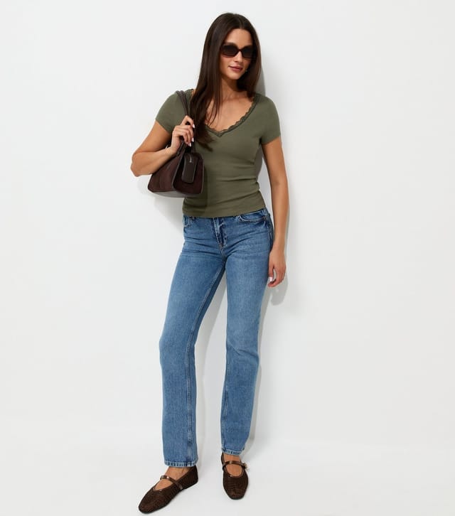 New Look Women's Dark Khaki Cotton Rich Ribbed Lace Trim V Neck T-Shirt New Look - 3