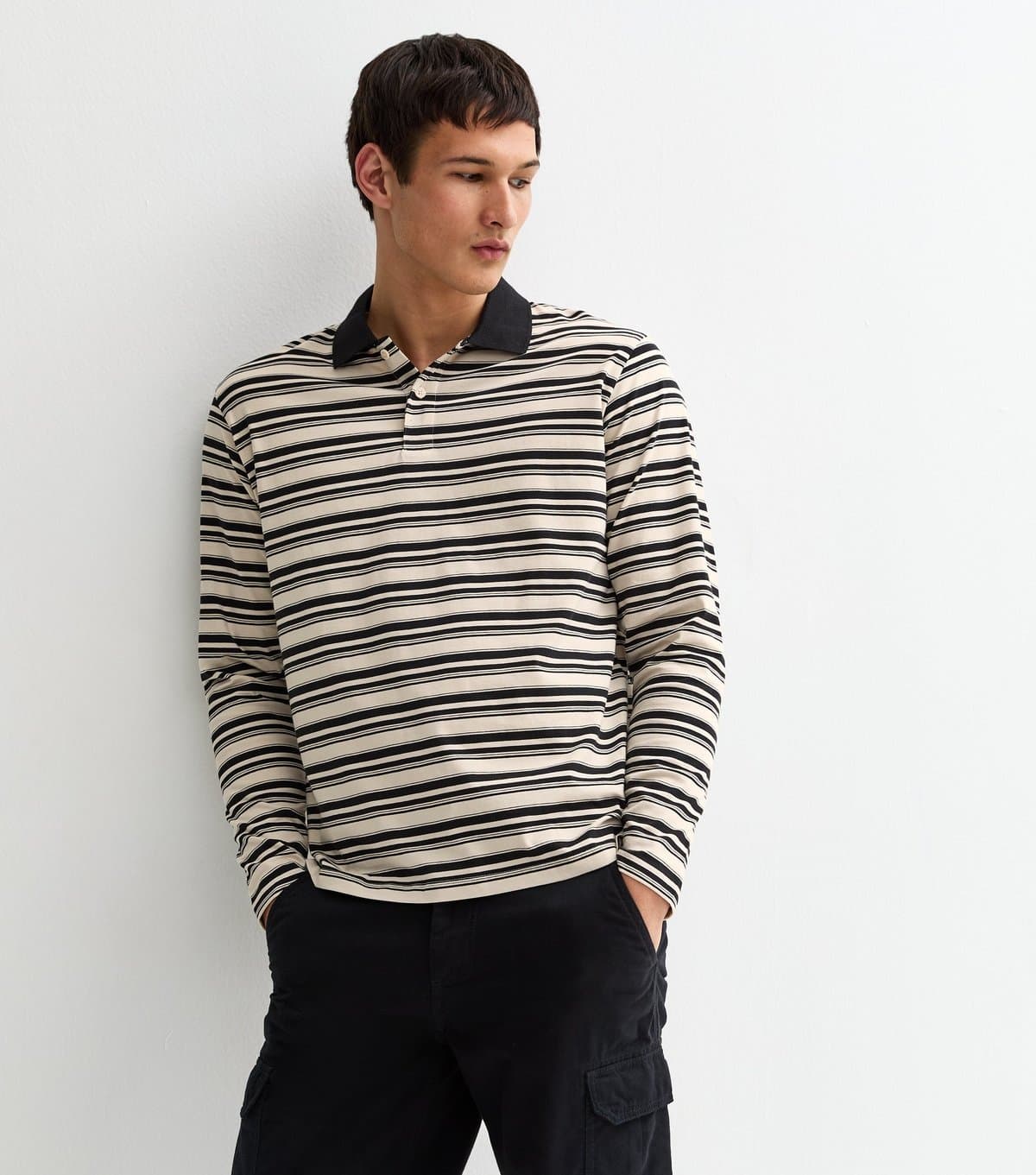 jack & jones Men's Black Striped Long Sleeve Polo Shirt Jack & Jones New Look