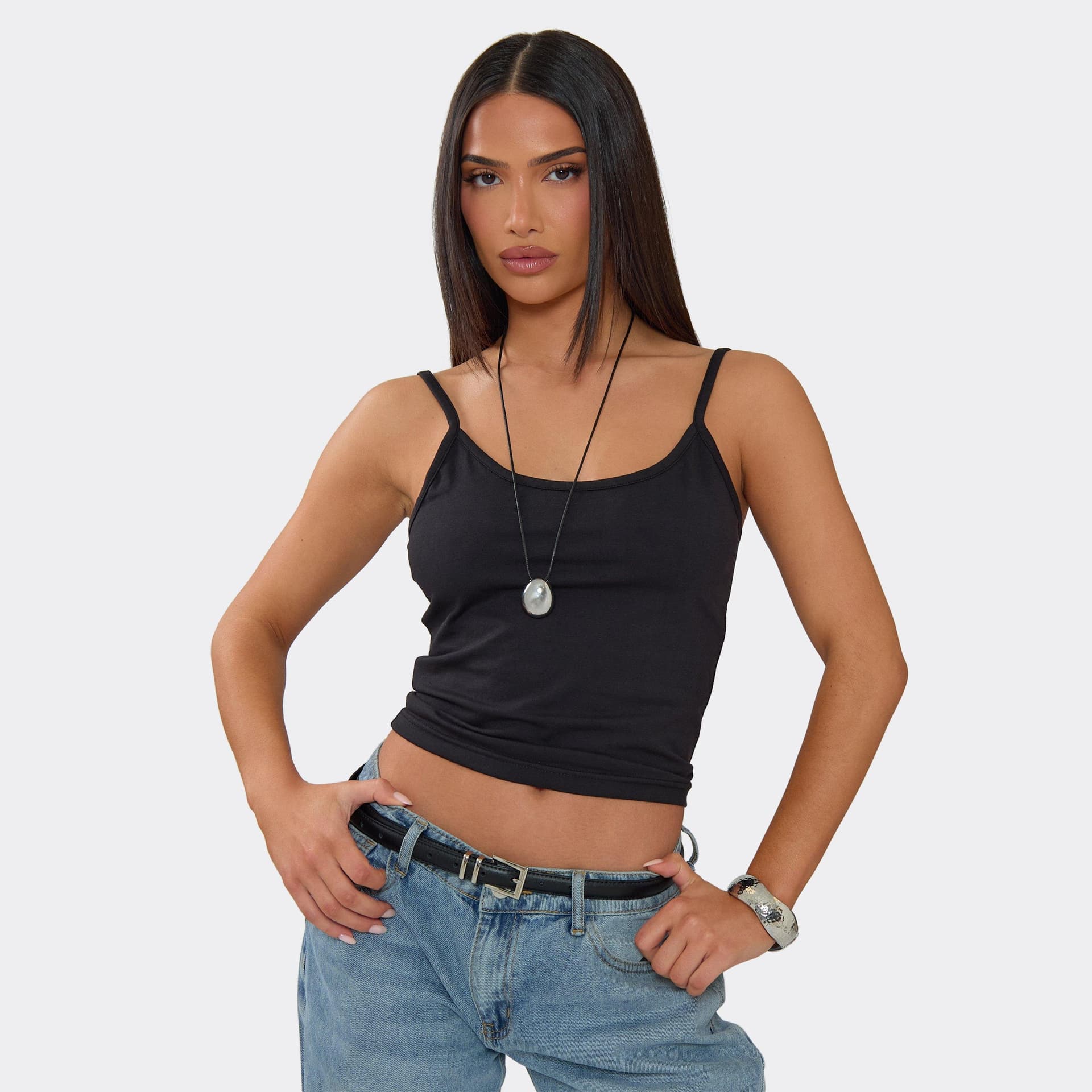 EGO EGO Black Cotton Strappy Scoop Neck Vest Top