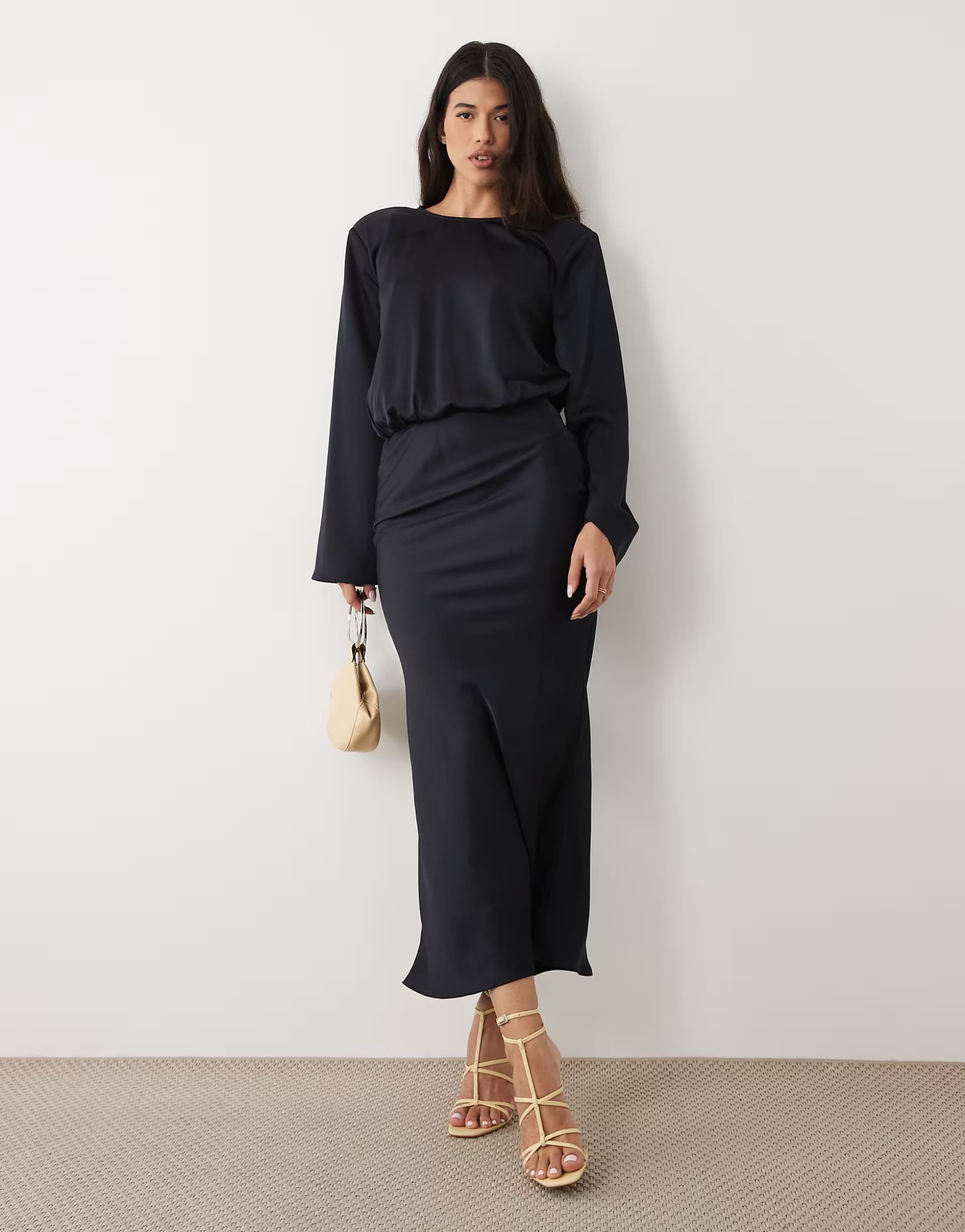 ASOS Kaiia exclusive satin cinched blouson waist flared sleeve maxi dress in midnight navy