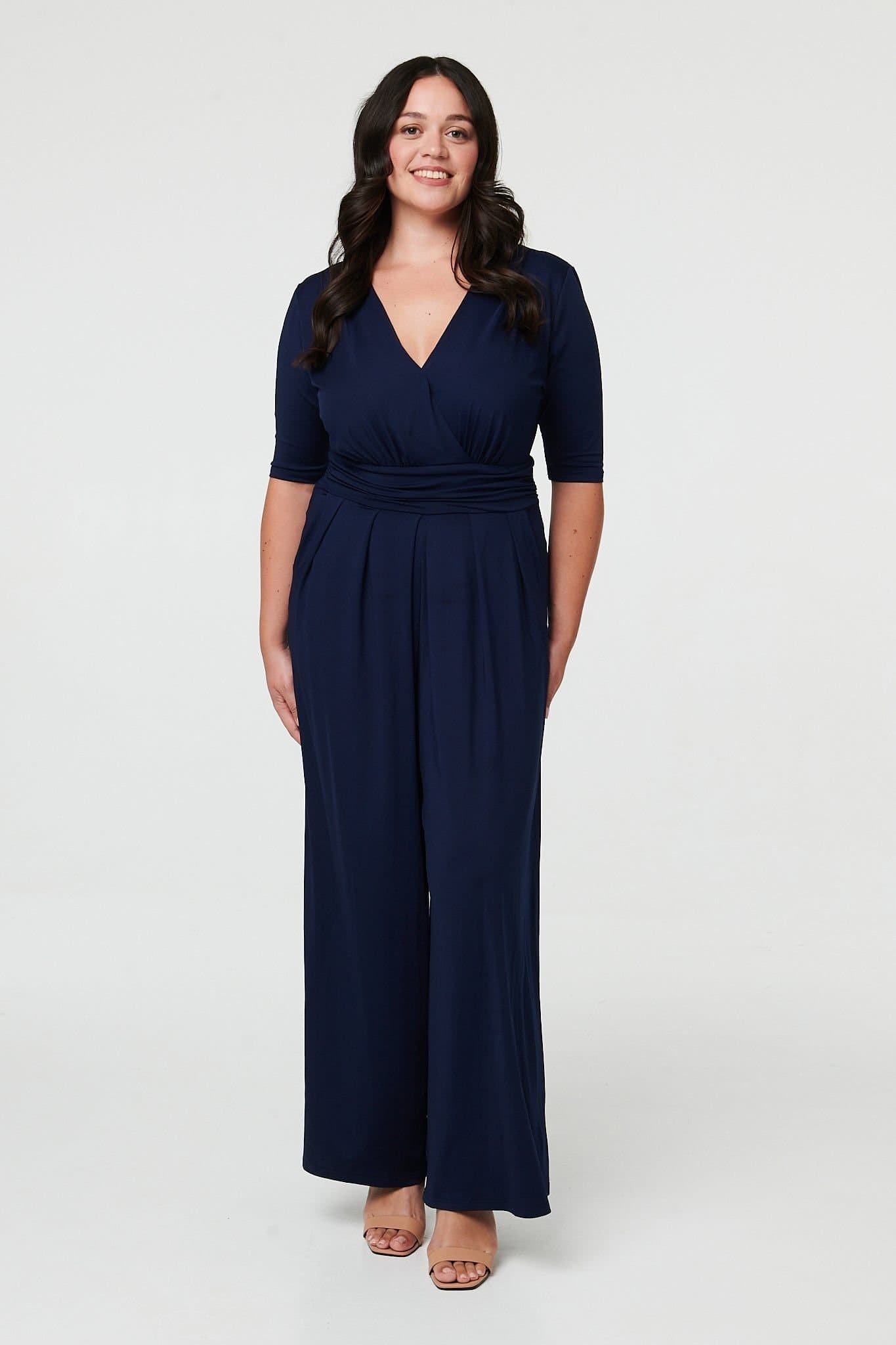 Izabel London Izabel London Women's Curve 1/2 Sleeve Wrap Wide Leg Jumpsuit in Navy