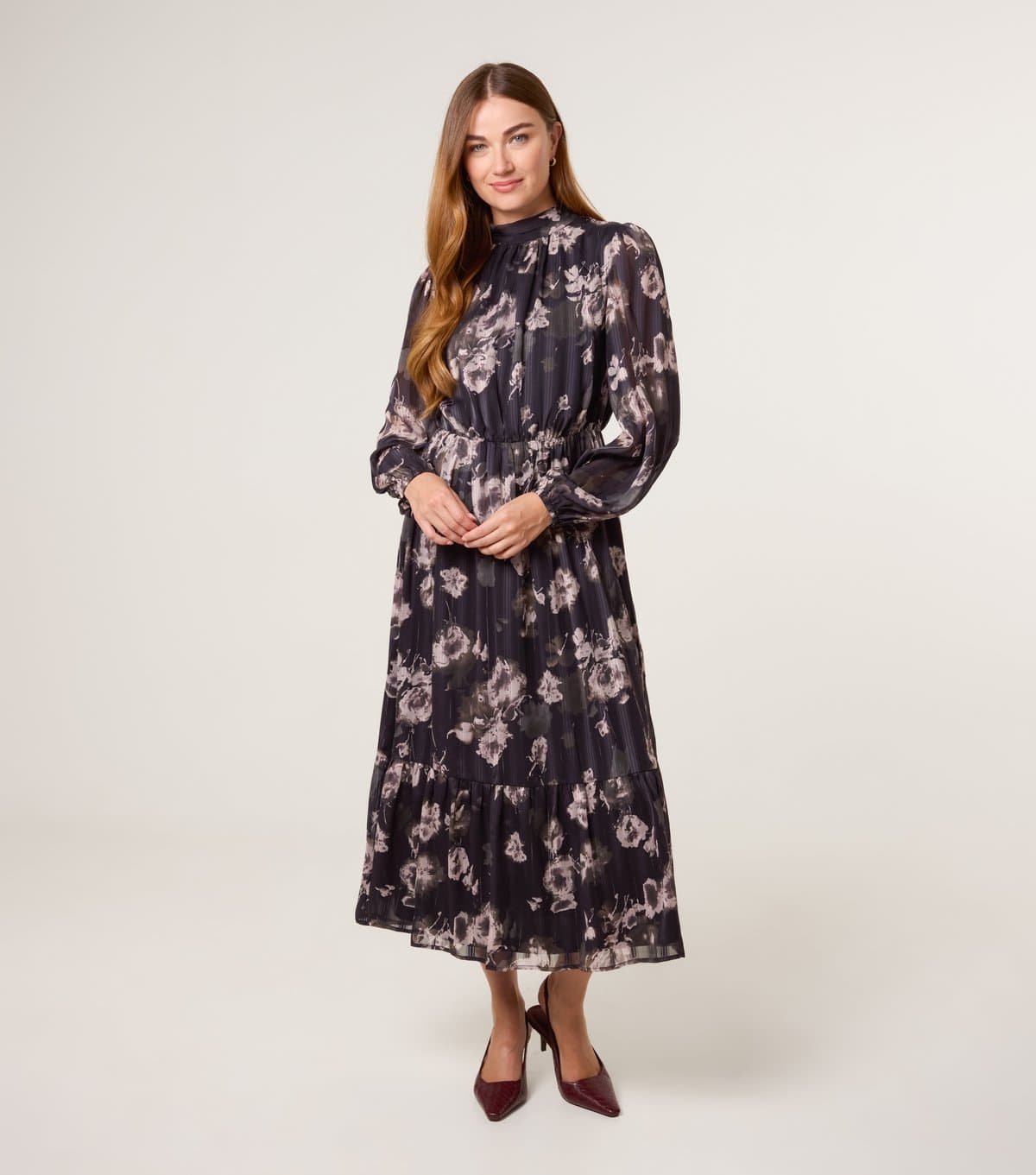 Blue Vanilla Women's Black Floral Chiffon Long Sleeve Midi Dress Blue Vanilla New Look