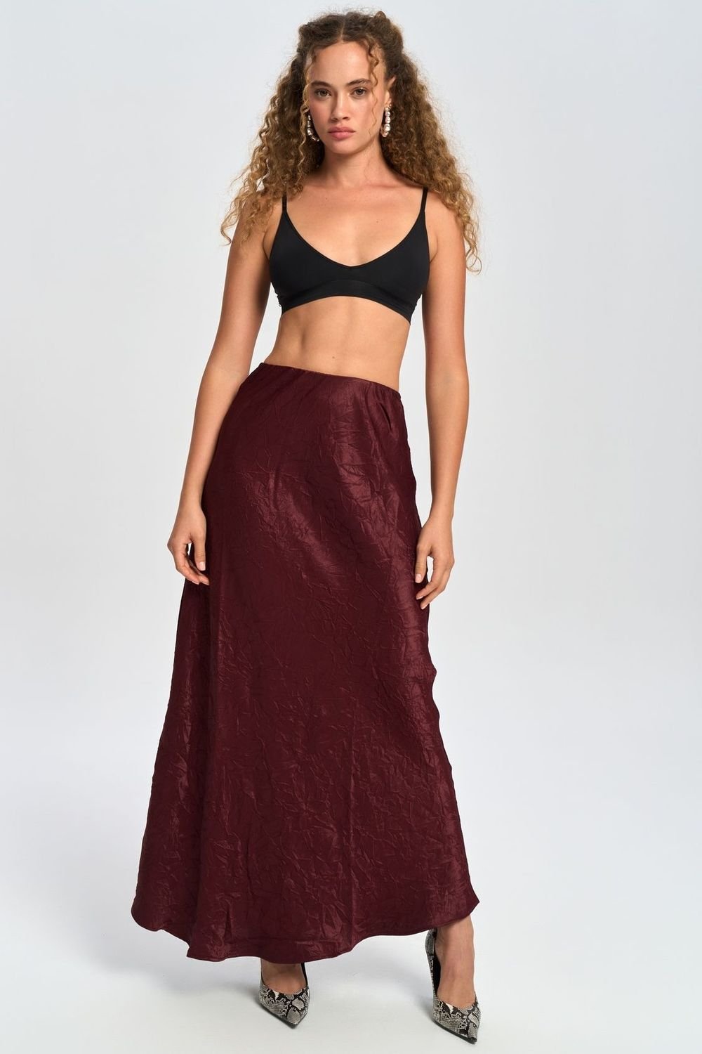 MAI STUDIOS CO. MAI STUDIOS CO. Women's Eubah Seersucker Affected Maxi Satin Skirt in Burgundy - 2