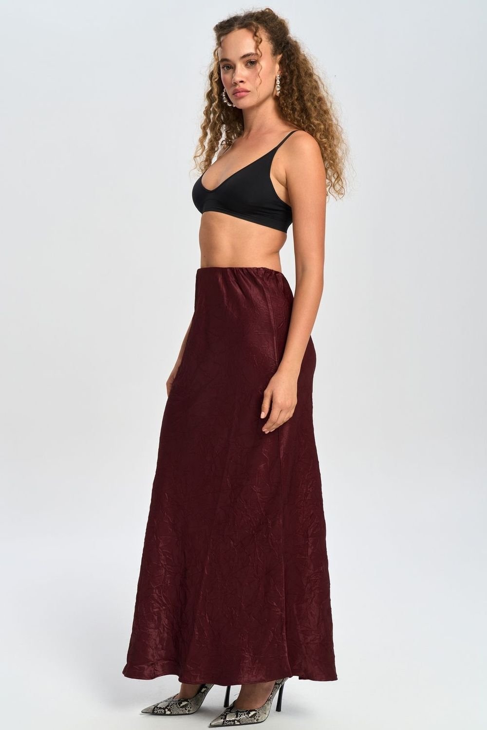 MAI STUDIOS CO. MAI STUDIOS CO. Women's Eubah Seersucker Affected Maxi Satin Skirt in Burgundy - 3