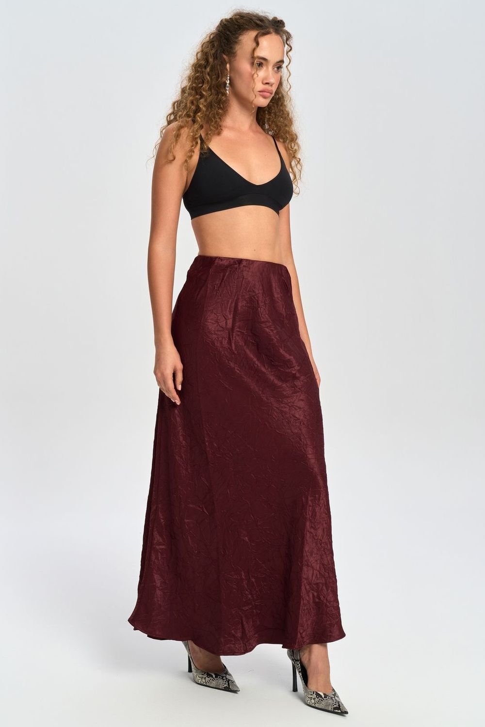 MAI STUDIOS CO. MAI STUDIOS CO. Women's Eubah Seersucker Affected Maxi Satin Skirt in Burgundy - 4