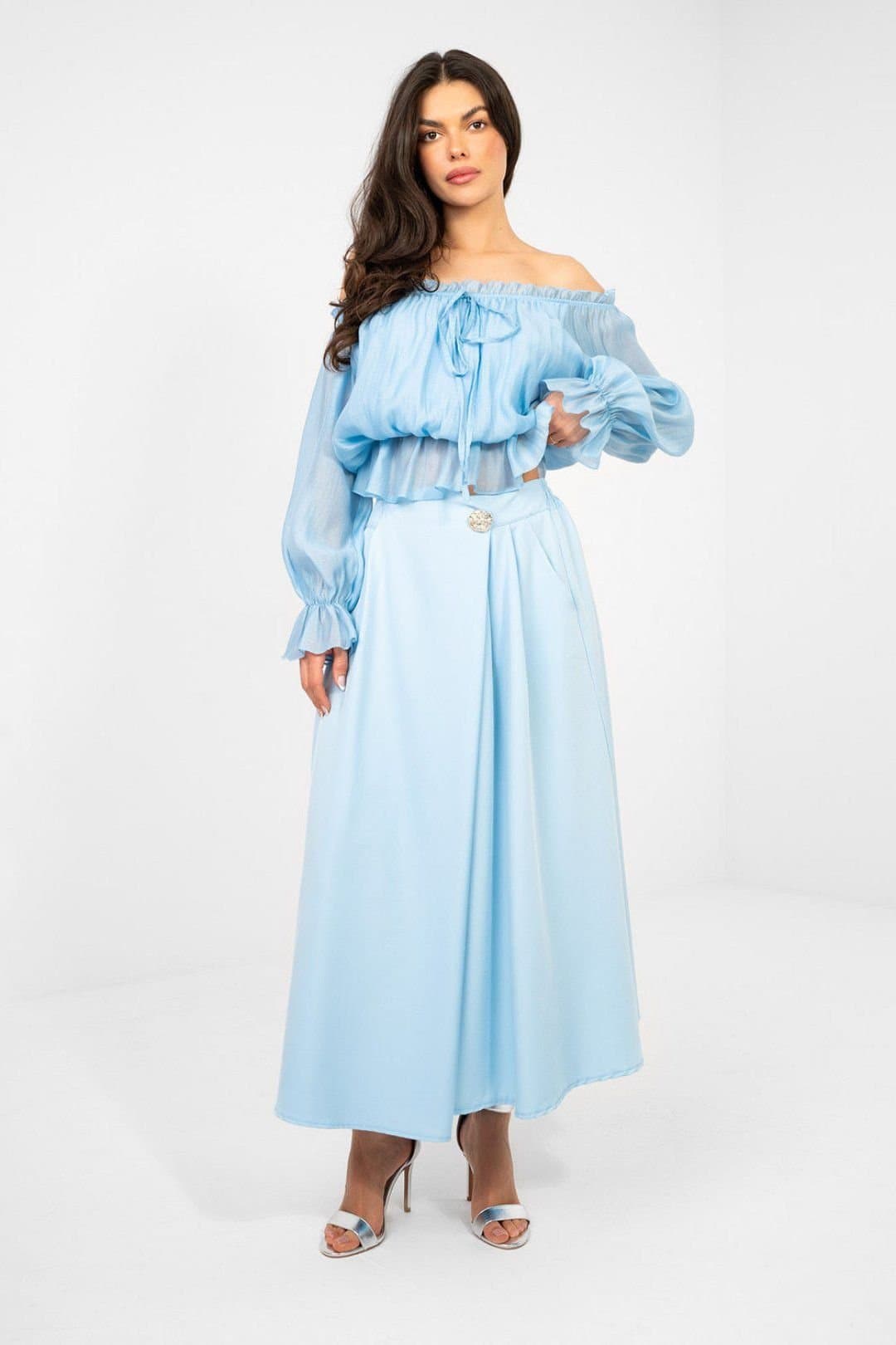 Love Lace Love Lace Women's Elastic Waist Pleated Midi Skirt with Pockets in Blue