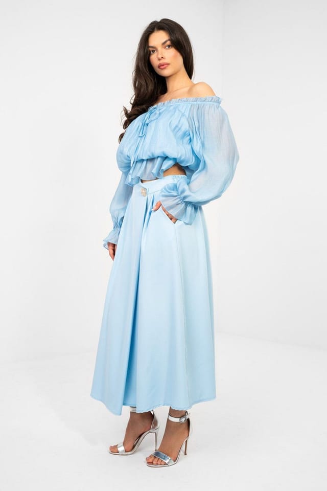 Love Lace Love Lace Women's Elastic Waist Pleated Midi Skirt with Pockets in Blue - 2