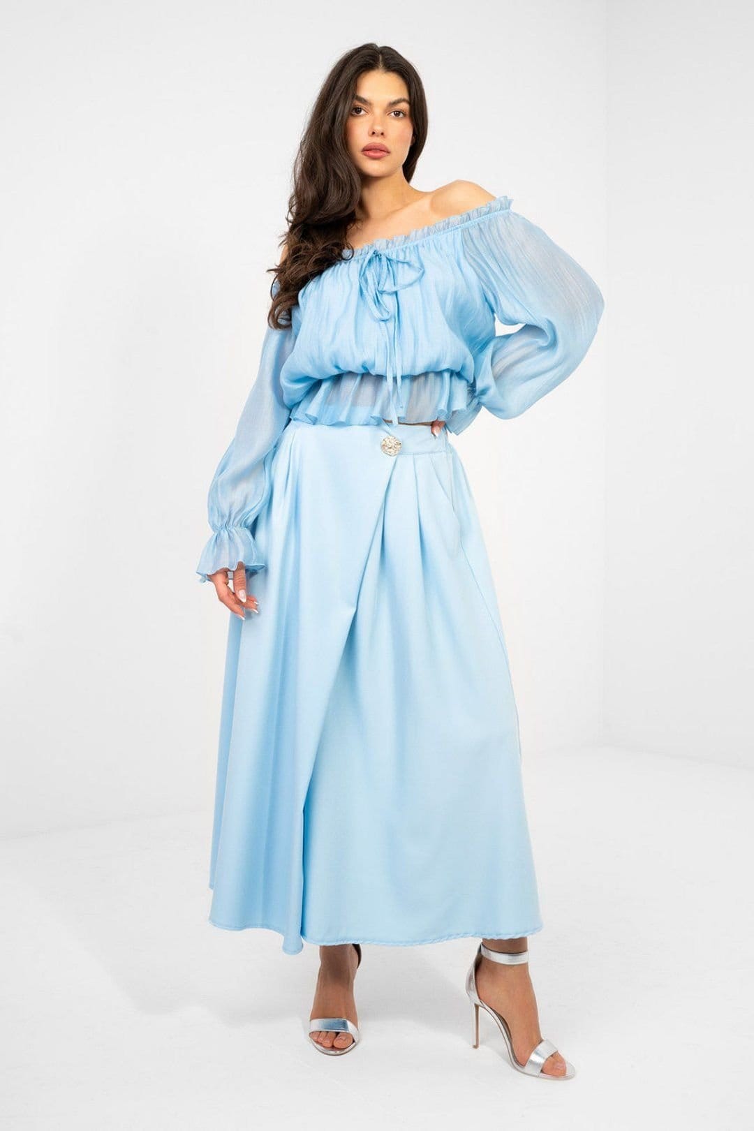 Love Lace Love Lace Women's Elastic Waist Pleated Midi Skirt with Pockets in Blue - 4
