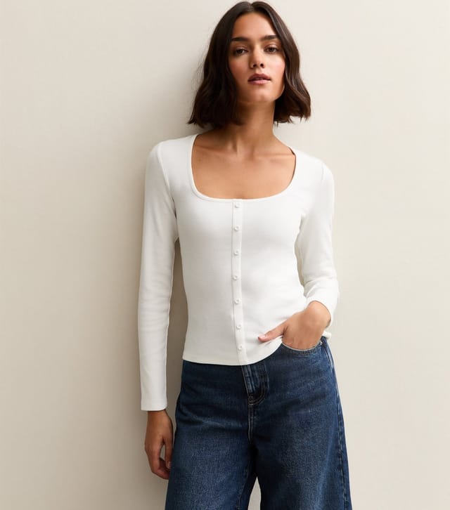 New Look Women's Off White Square Neck Button Detail Long Sleeve Top New Look - 2