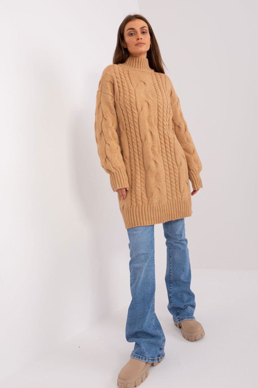 Love Lace Love Lace Women's Oversized Turtleneck Long Sweater Dress in Camel