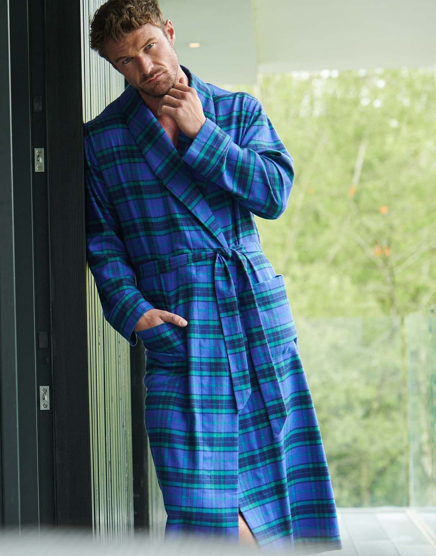 British Boxers British Boxers Men's "Midnight" Tartan Brushed Cotton Dressing Gown in Bottle Green
