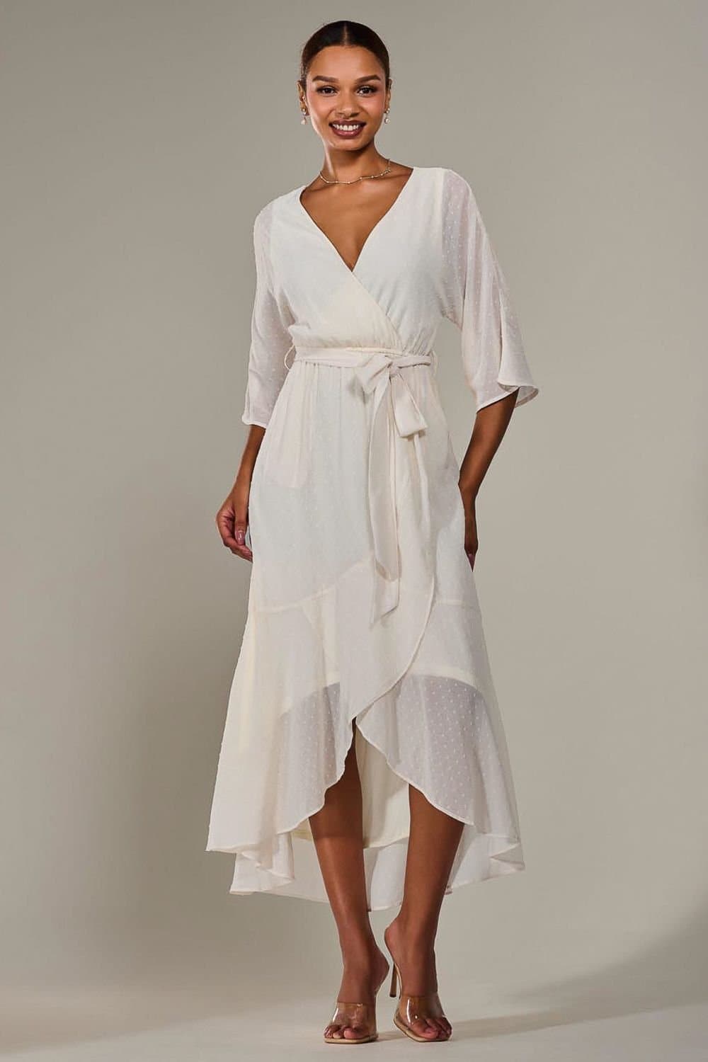 Jolie Moi Jolie Moi Women's Wrap Tie Front Midi Dress in Cream