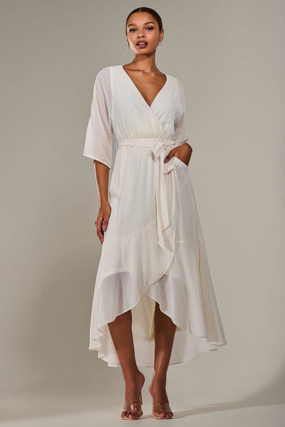 Jolie Moi Jolie Moi Women's Wrap Tie Front Midi Dress in Cream - 4