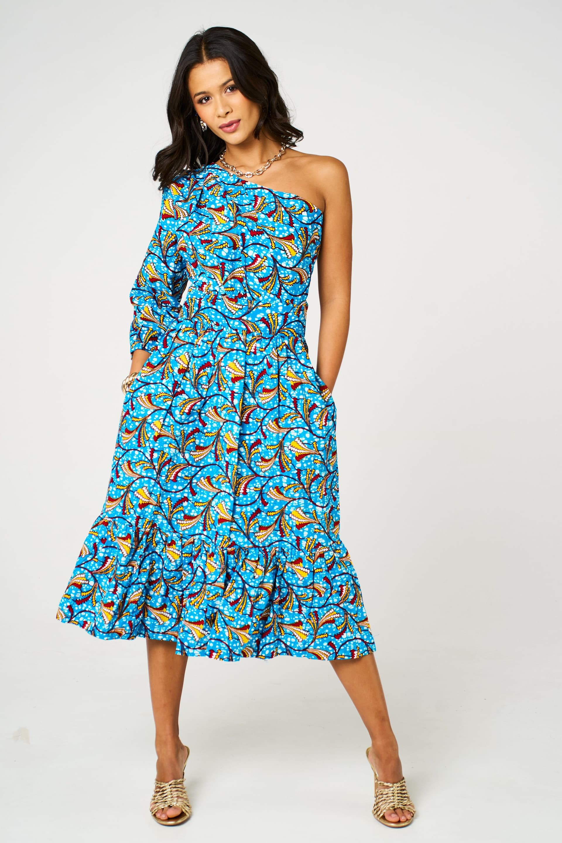 Dals Hart Dals Hart Women's Nina Blue Floral One Shoulder Tiered Midi Dress in Bright Blue