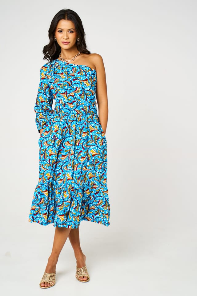 Dals Hart Dals Hart Women's Nina Blue Floral One Shoulder Tiered Midi Dress in Bright Blue - 2