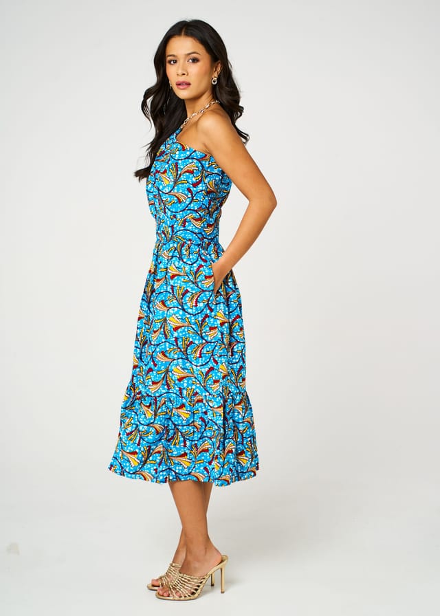 Dals Hart Dals Hart Women's Nina Blue Floral One Shoulder Tiered Midi Dress in Bright Blue - 3